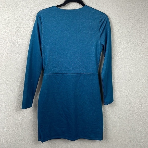 New Fourteenth Place Paulette Metallic Long Sleeve Mini Dress Faux Wrap Ruched M - Picture 9 of 13